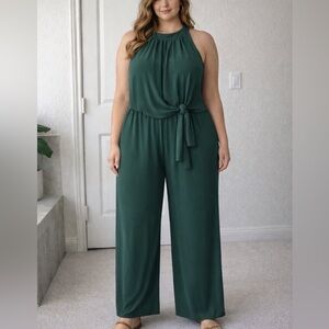 Maggy London Sleeveless Emerald Green Halter Jumpsuit with Waist Tie